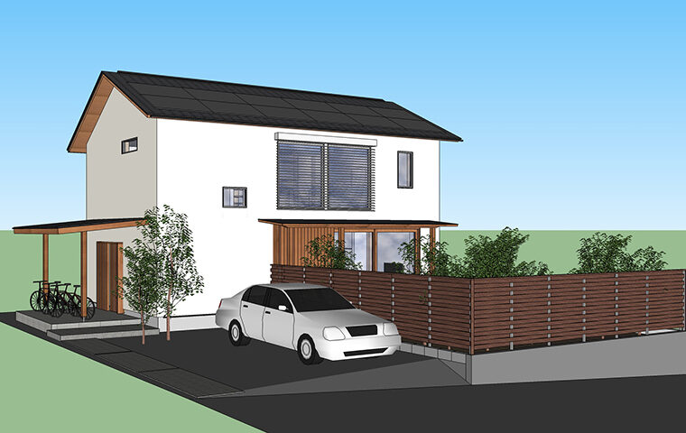 南向きの屋根には、5.5kWの太陽光パネルを設置。<br />
吹き抜け上部の大開口FIXサッシには外付けブラインドの「ヴァレーマ」を設置し、<br />
夏の日射遮蔽と冬の日射取得を同時に叶える高性能住宅です。